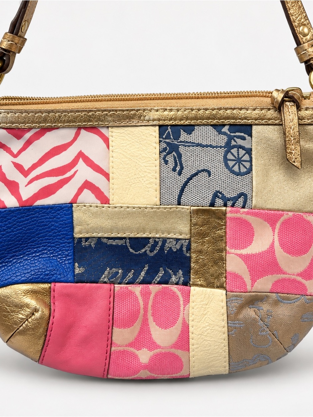 COACH Patchwork Gold Multi Color Small Canvas/Leather Crossbody Bag